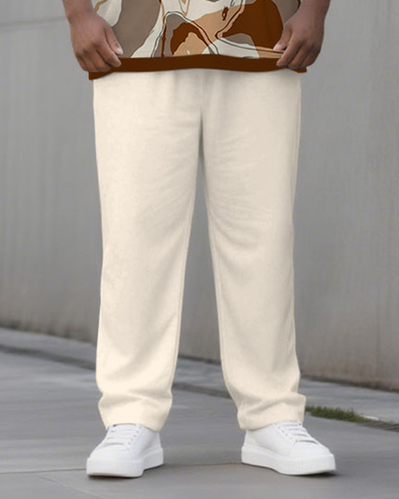 Big & Tall Men's Brown Geometric Print POLO V-Neck Long Sleeve Pants Two-Piece Set