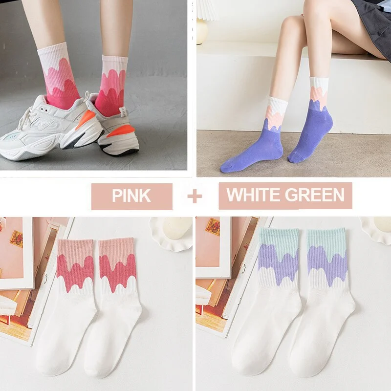 FINETOO 2Pairs/lot Women Midi Tube Socks Female Autumn Winter Candy Colors Korean Japanese Stitching Cotton Girls Graffiti Sock