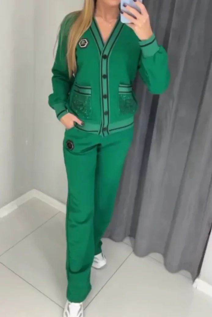 Women's Casual V-neck Pocket Sequin Stitching Two-piece Set