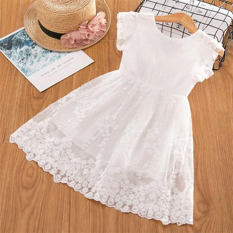 Girls Summer Flower Dresses Lace Embroidery Ruffles Short Sleeve Princess Dress Children Clothing Kids Birthday Party Vestidos