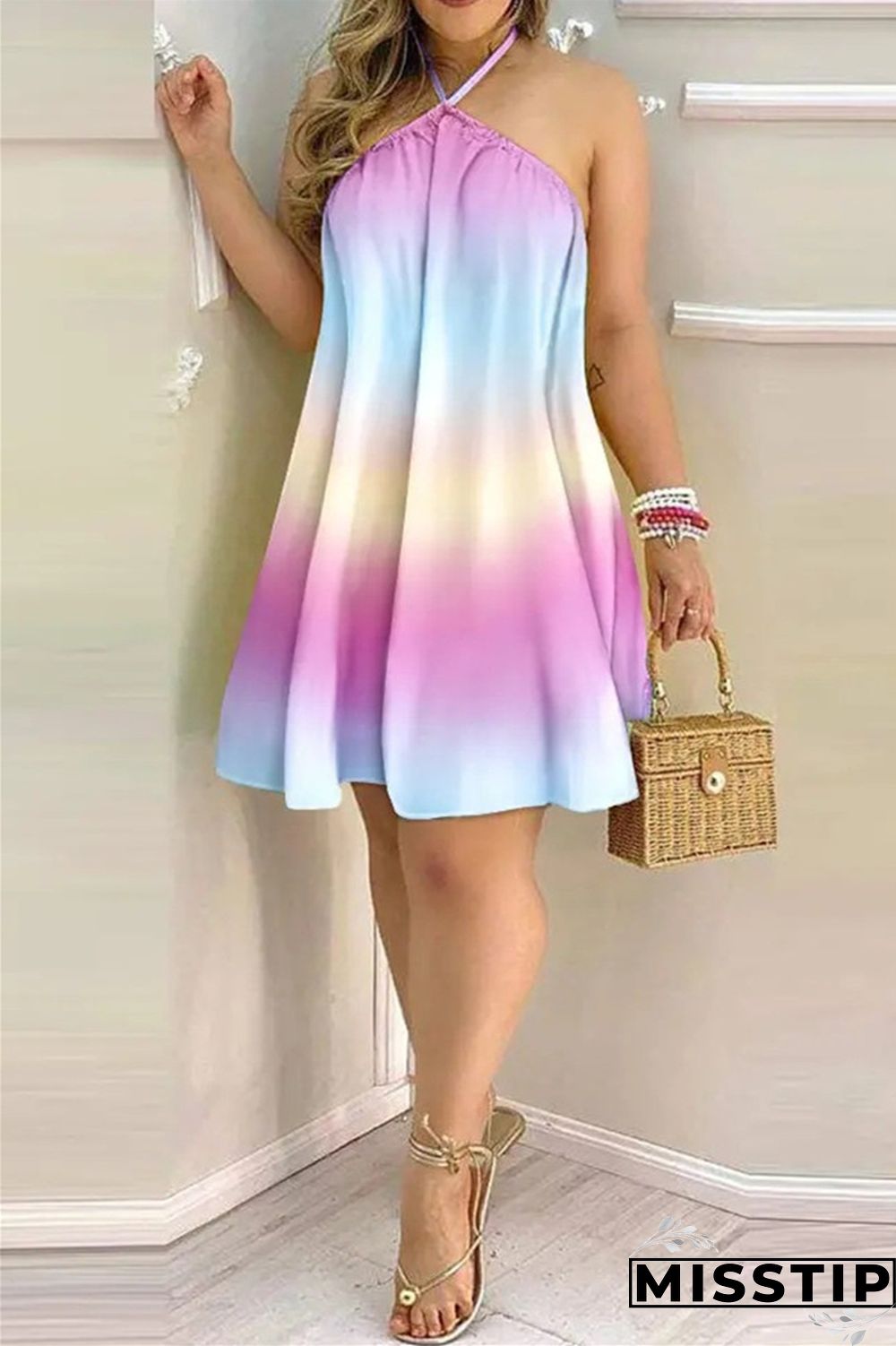Gradient Color Fashion Casual Print Bandage Backless Halter Sleeveless Dress Dresses