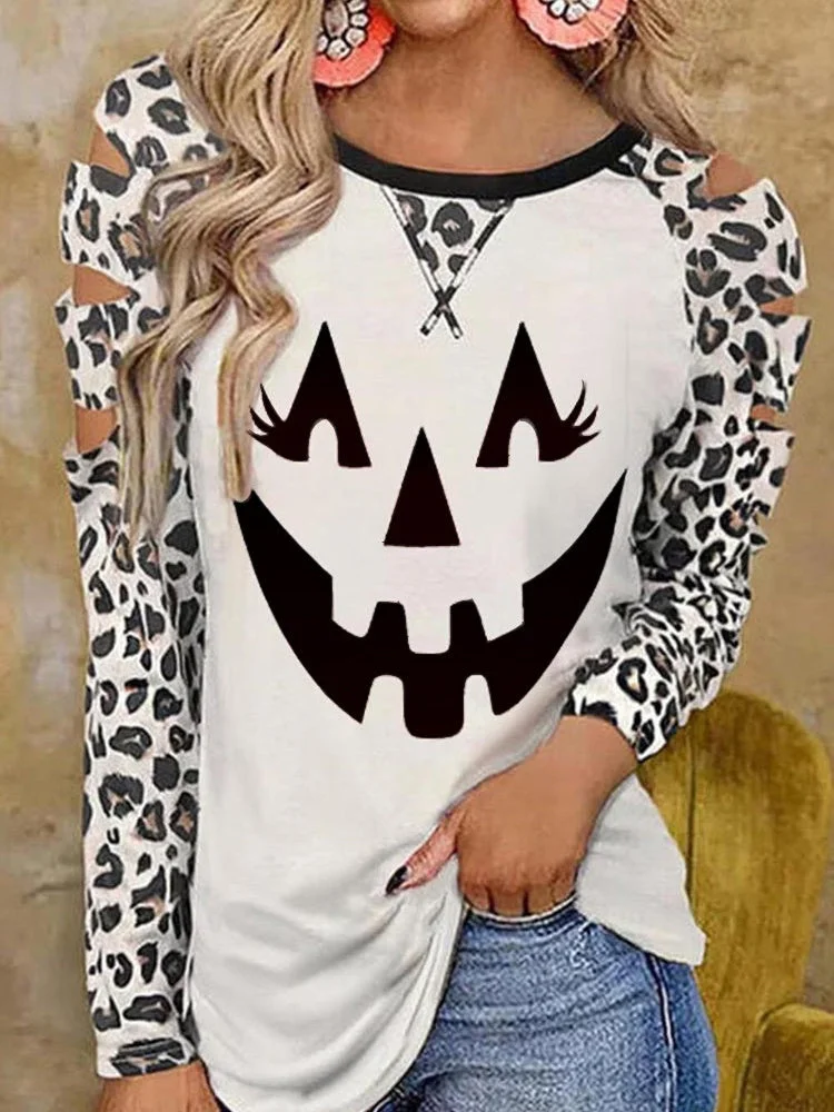 Women Long Sleeve Scoop Neck Leopard Printed Top