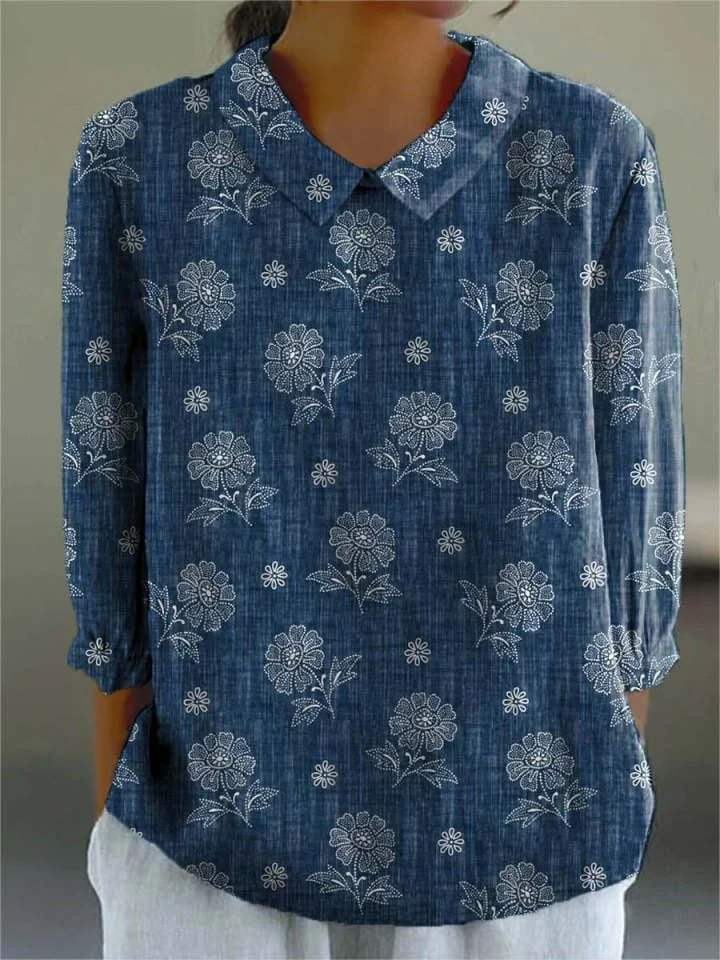 Women's Casual Cotton And Linen Vintage Pattern Shirt 