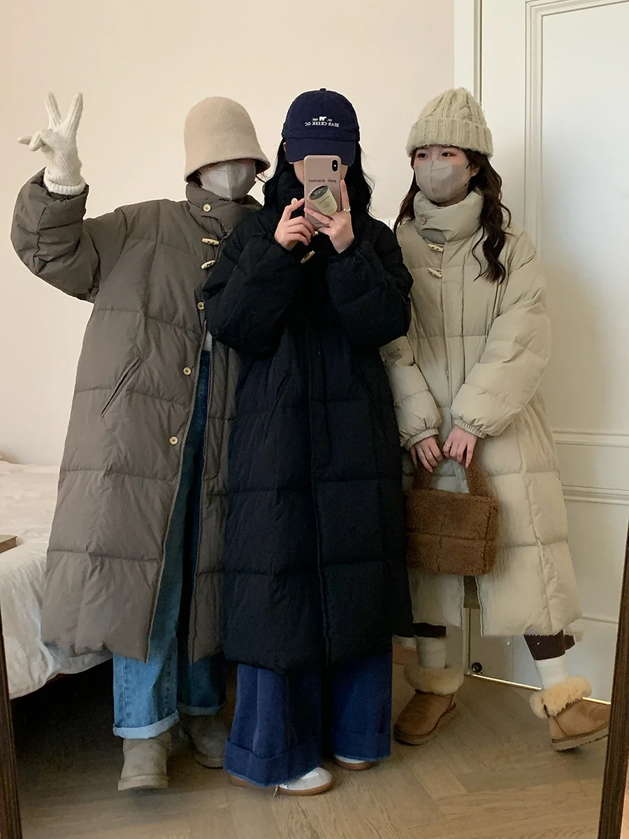 Woherb East Gate Korean Horn Buckle Long Down Jacket Female 2024 Winter Temperament Over The Knee And Thick White Duck Velvet Coat Tide-Outfit Ideas