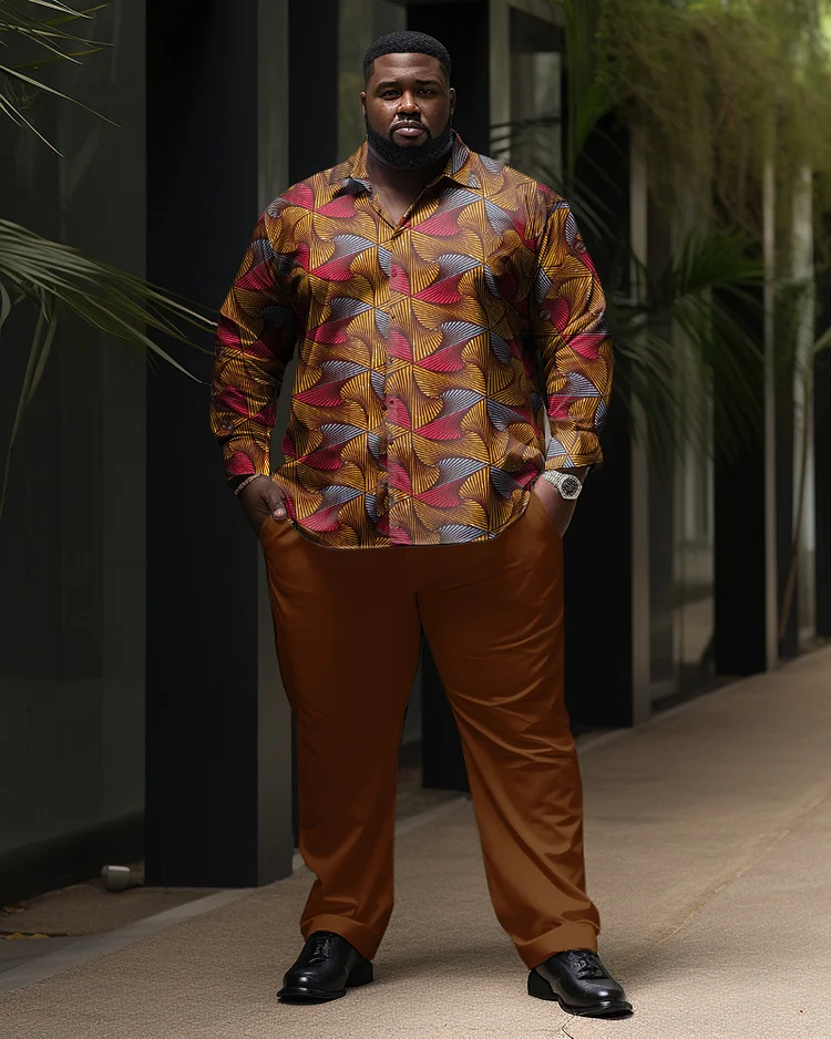 Men's Plus Size Abstract Graphic Long Sleeve Lapel Shirt Set