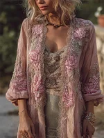 Boho Pink Floral Glitter Embroidered Long Linen Cardigan