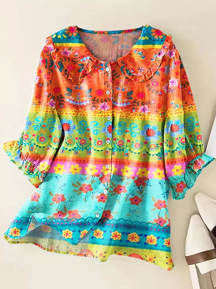 Women Vintage Floral Art Print Loose Peter Pan Collar Half Sleeve Blouses
