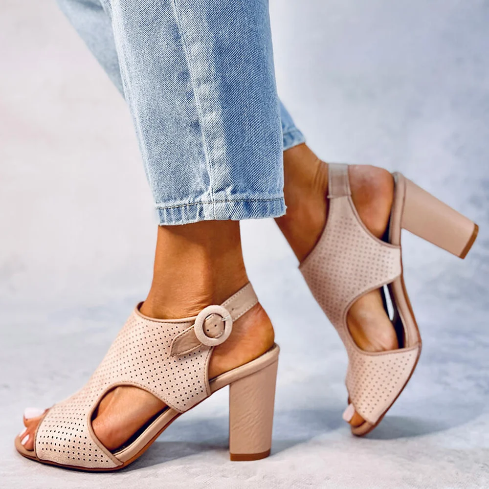 Beige  Opened Toe Cut Out Slingback Sandals With Chunky Heels Nicepairs