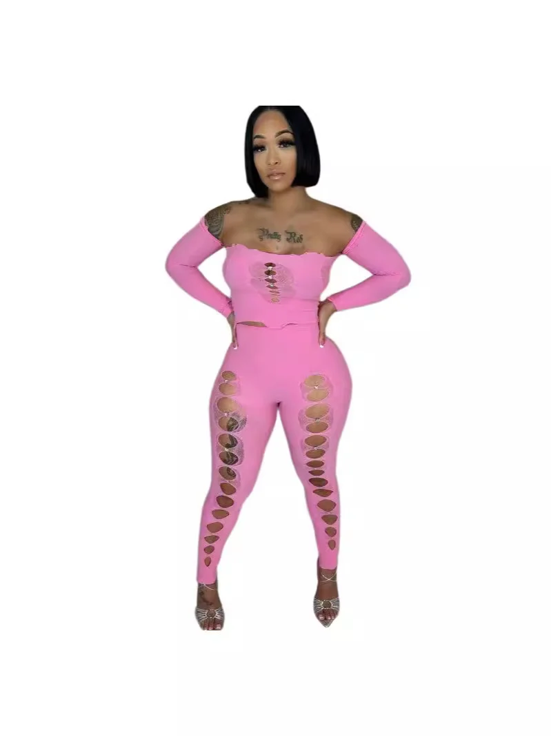 Uveng Uveng Female Solid Color Round Collar Hollow Lace Sexy Body Repair Knit 2 Pieces Set