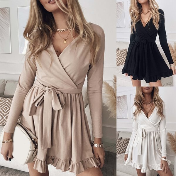 New Ruffles V Neck Sexy Dress Women Spring Autumn Long Sleeve A-Line Solid Sashes Mini Dresses Size S-XXXL - BlackFridayBuys
