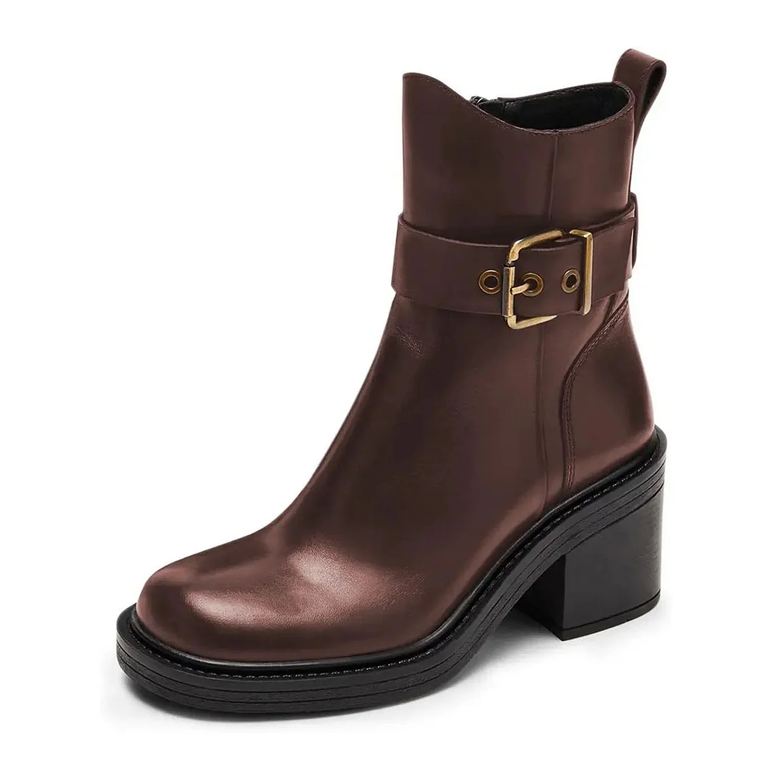 Dark Brown Vegan Leather Round Toe Buckle Inlay Block Heel Ankle Boots