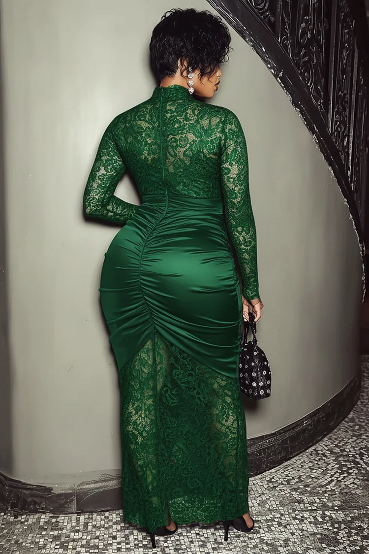 Mock Neck Ruched Slit Lace Christmas Party Maxi Dresses-Green [Pre Order]