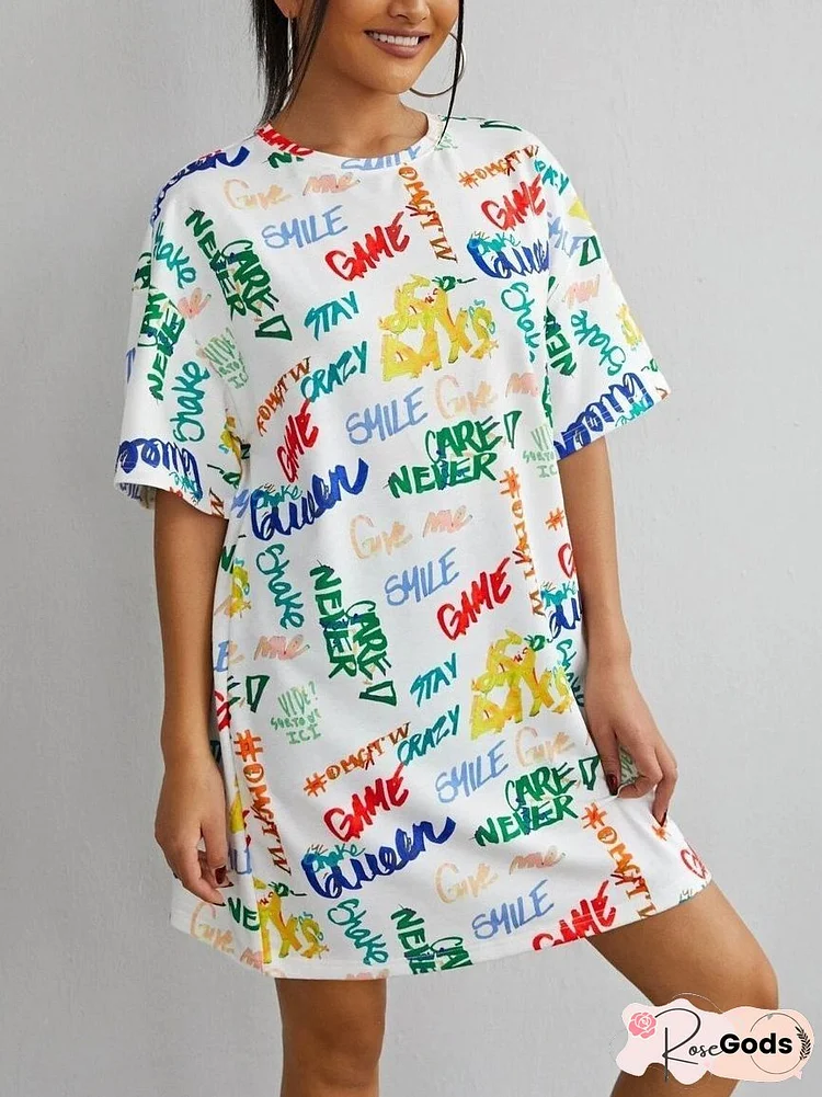 Drop Shoulder Allover Letter Graphic Dress