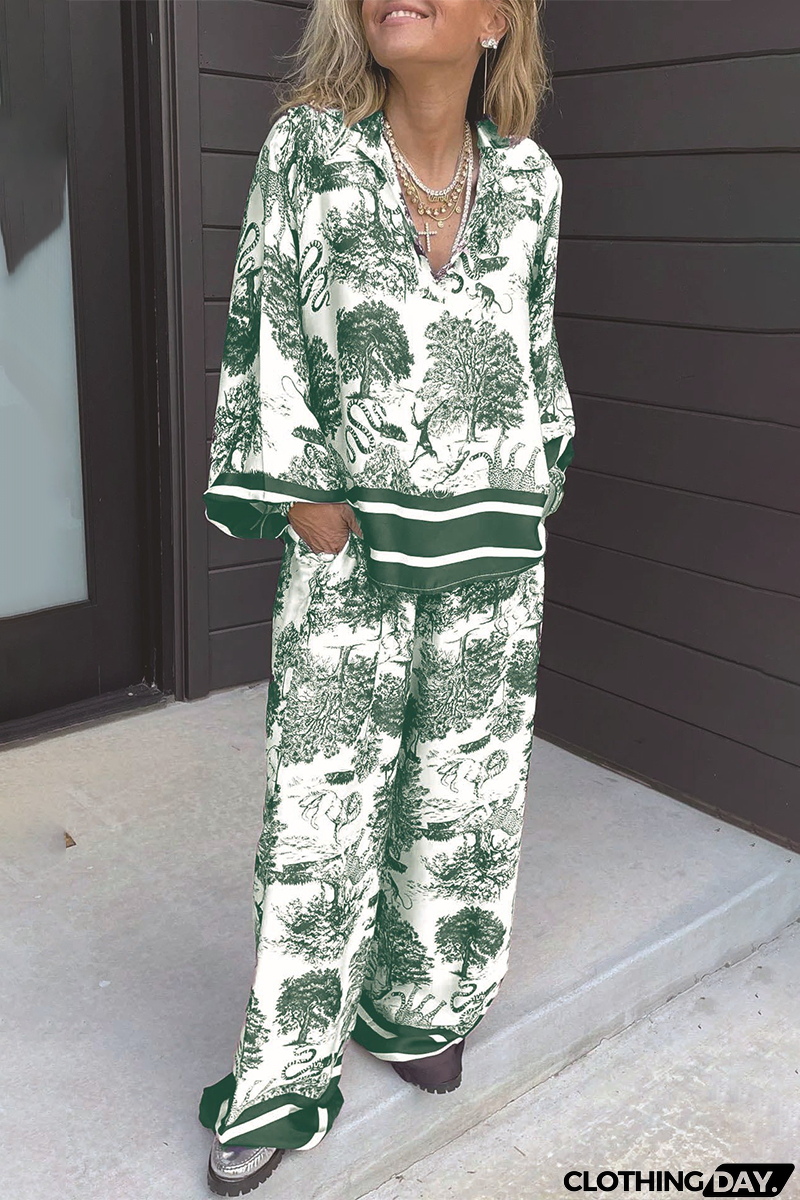 Casual Street Floral Print Distressed Draw String Pocket V Neck Long Sleeve Two Pieces(8 Colors)