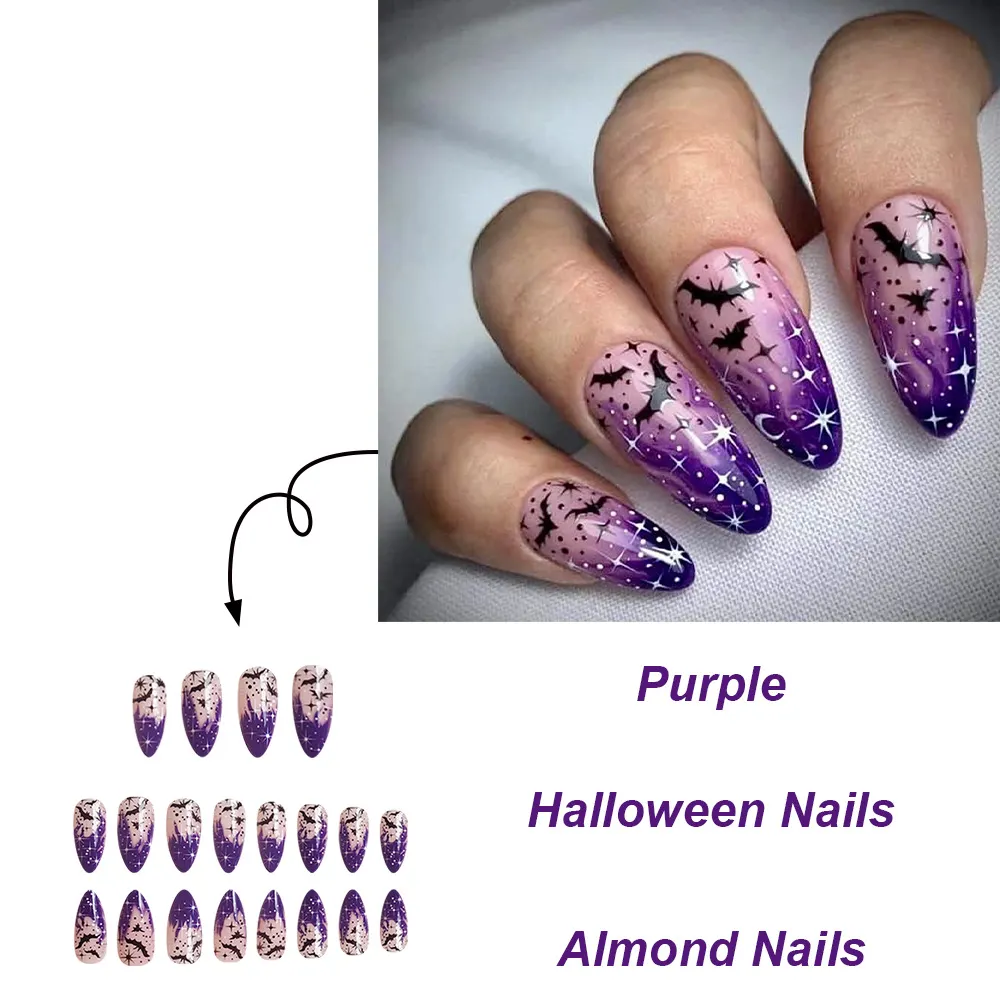 Churchf Churchf Almond Nail Purple Magic Bat Flame Halloween Element Fake Nail Products Wear Nail Holiday Nail