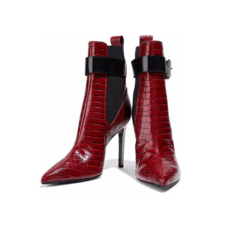 Maroon Lizard Texture Chelsea Boots Buckle Stiletto Heel Booties |FSJ Shoes