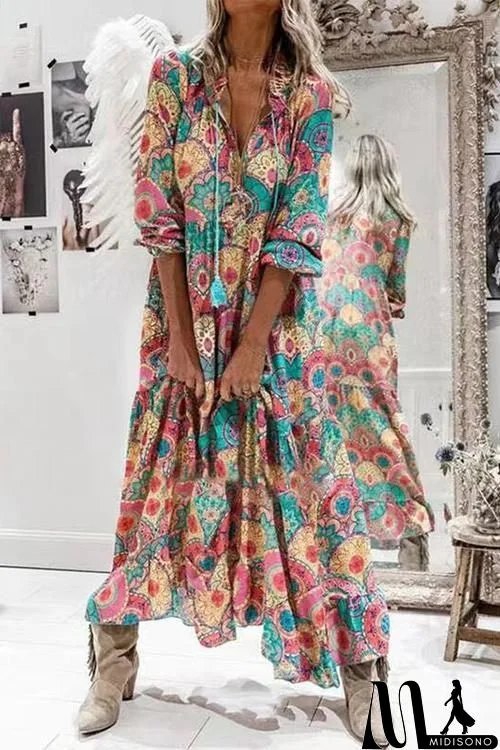 Boho Print Long Sleeve Maxi Dress