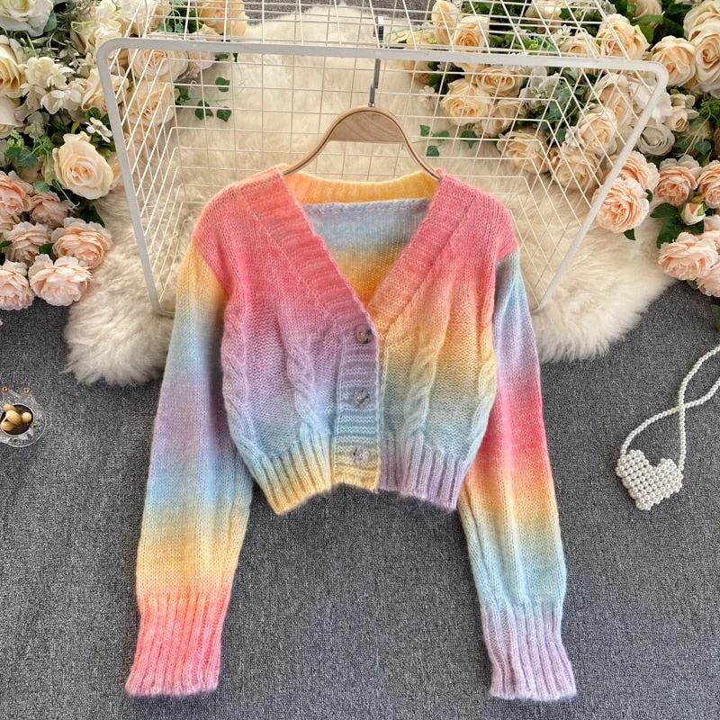 Tanguoant 2021 Autumn Winter New Korean Gentle Wind Jacket Women Short All-match Rainbow Striped Knitted Cardigan Sweater UK462