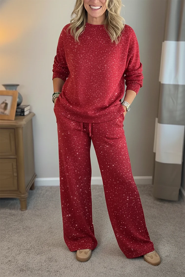 🧥Women's solid color crewneck sequined sweatshirt and pants two-piece set🧥