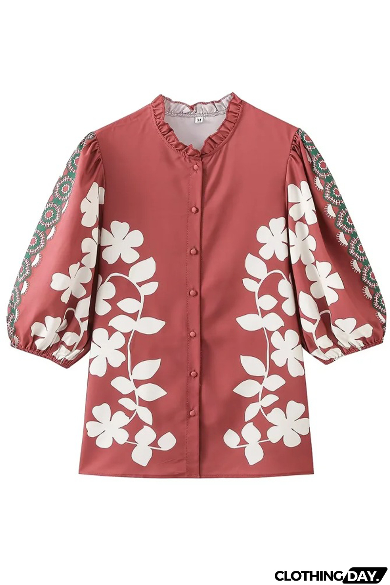 Casual Floral Print Buttons O Neck Blouses