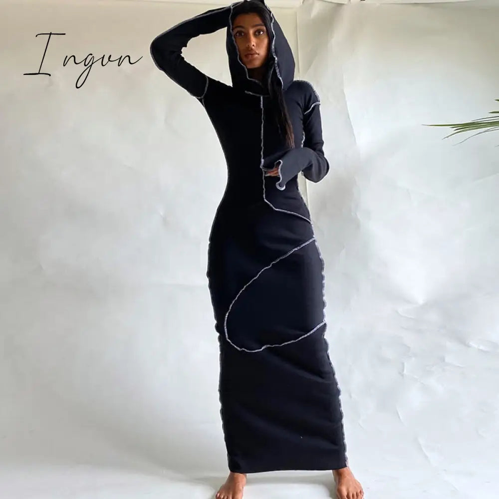 Ingvn - Long Sleeve Hooded Patchwork Skinny Maxi Dress Autumn Winter Women Fashion Streetwear