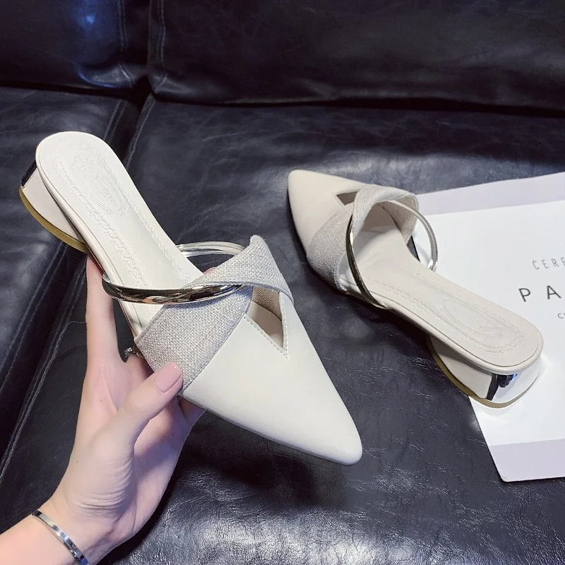 2021 Women Mules Sexy Pointed-Toe Elegant Low Heel Ladies Slippers Slip on Leisure Design Ladies Office Shoes Beige Pumps Female