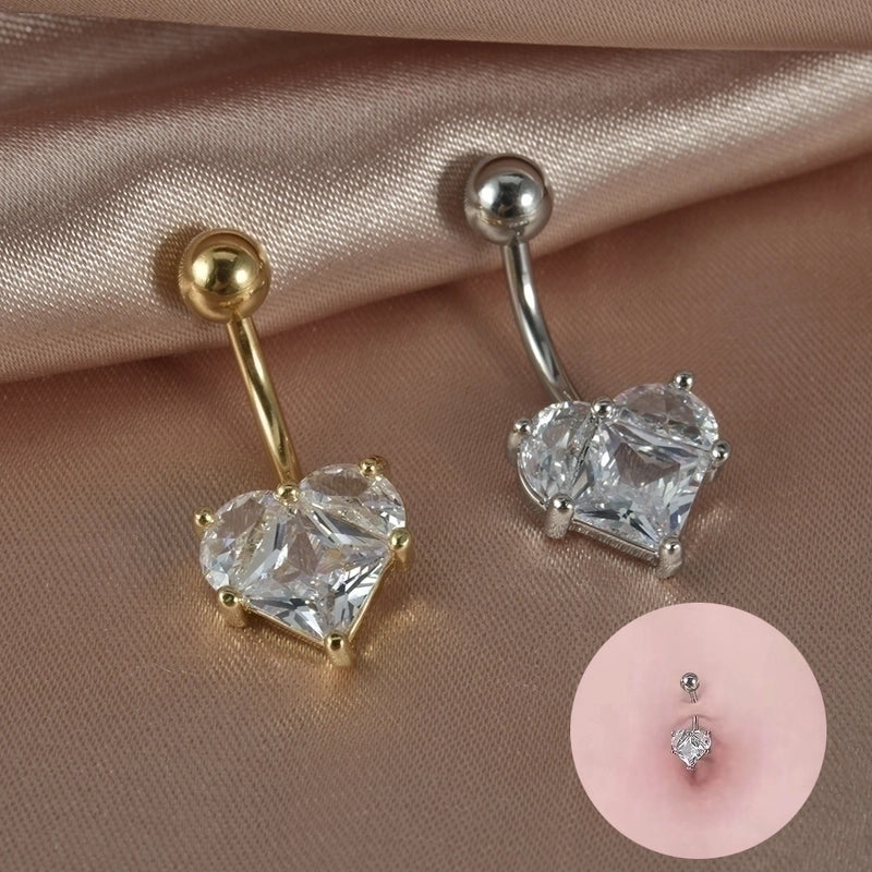 2 Pieces Belly Rings Streetwear Heart Shape 304 Stainless Steel Copper Plating Inlay Zircon 18K Gold Plated