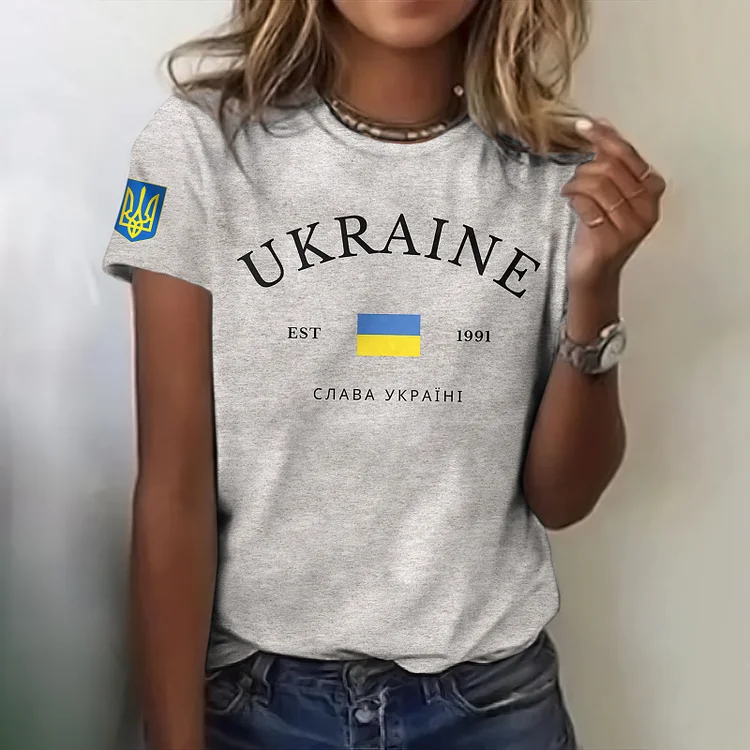 Simpfit Kurzärmliges T-Shirt für Damen mit Aufdruck der ukrainischen Flagge von 1991