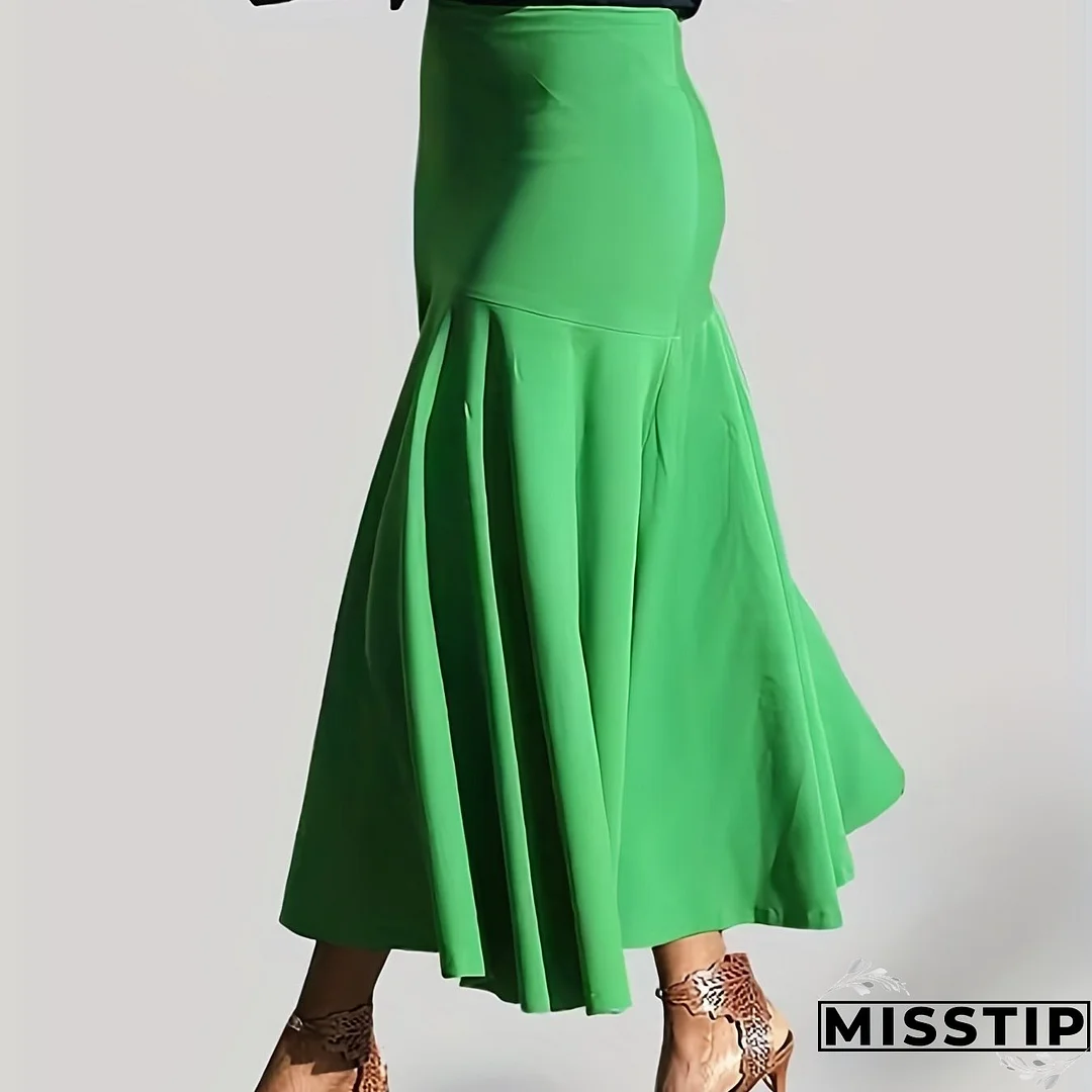Plus Size Party Skirt, Women's Plus Solid High Rise Non-stretch Maxi Mermaid Skirt