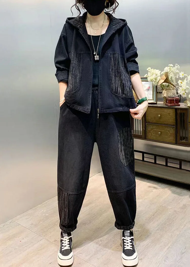Black Patchwork Denim Two Piece Set Tops And Pants Fall