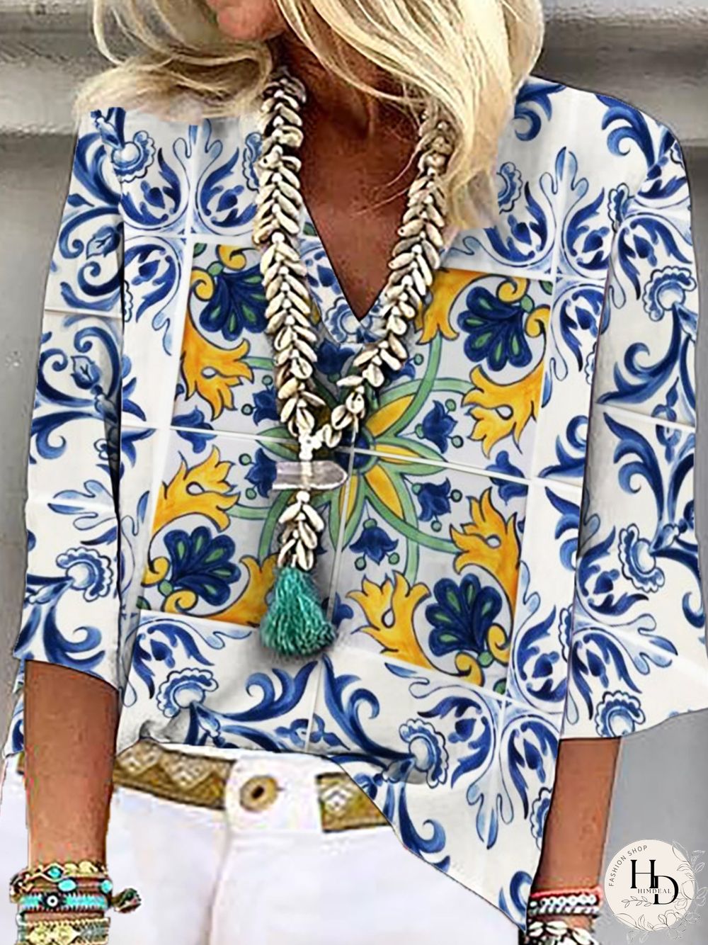 Casual Floral Three Quarter V Neck Plus Size Printed Tops