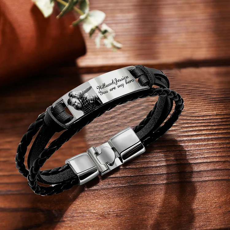 Personalized Braided Leather Bracelet Engraved Photo Men's Bracelet for Him