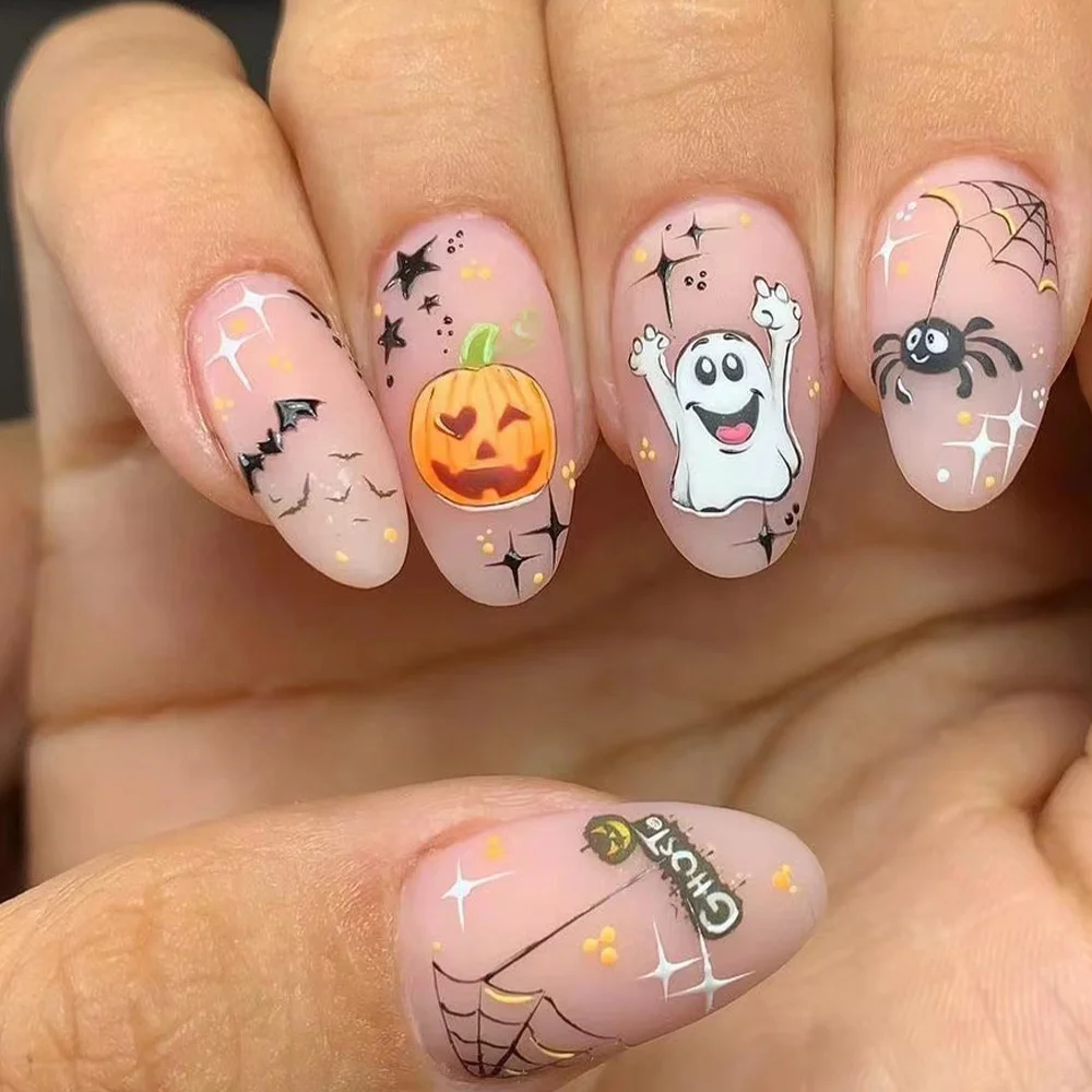 Churchf Churchf Almond Nail Happy Pumpkin Ghost Spider Halloween Element Fake Nail Finished Wear A Holiday Beauty
