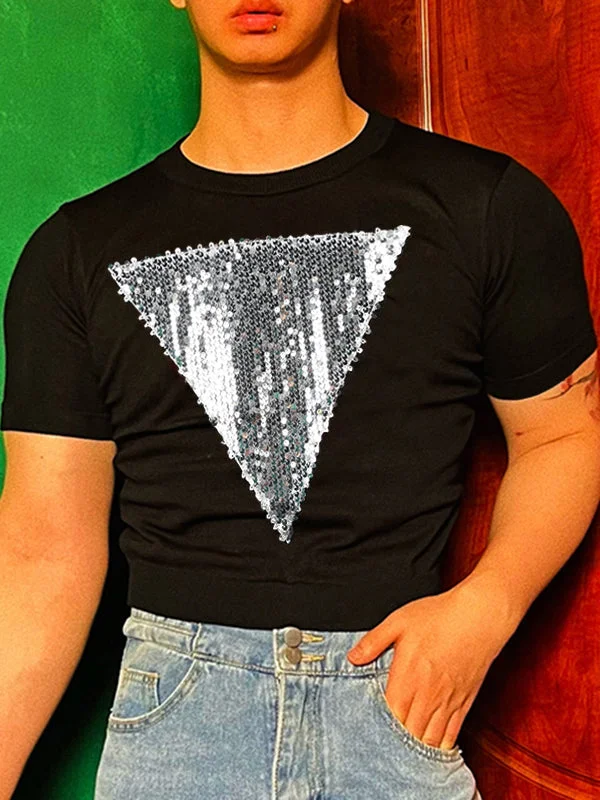 Aonga - Mens Sequins Patchwork Short Sleeve Casual T-shirt