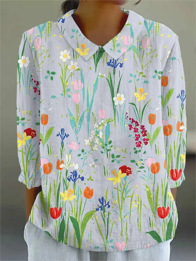 Women's Vintage Flowers Art Print Casual Cotton And Linen 3/4 Sleeve Shirt