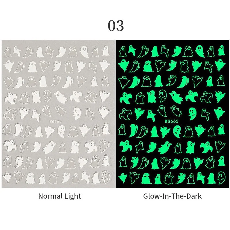 3D Luminous Nail Stickers Halloween Pumpkin Spider Star Moon Transfer Sliders  Winter Glow In The Dark Nail Art Decoration-Nail Inspo