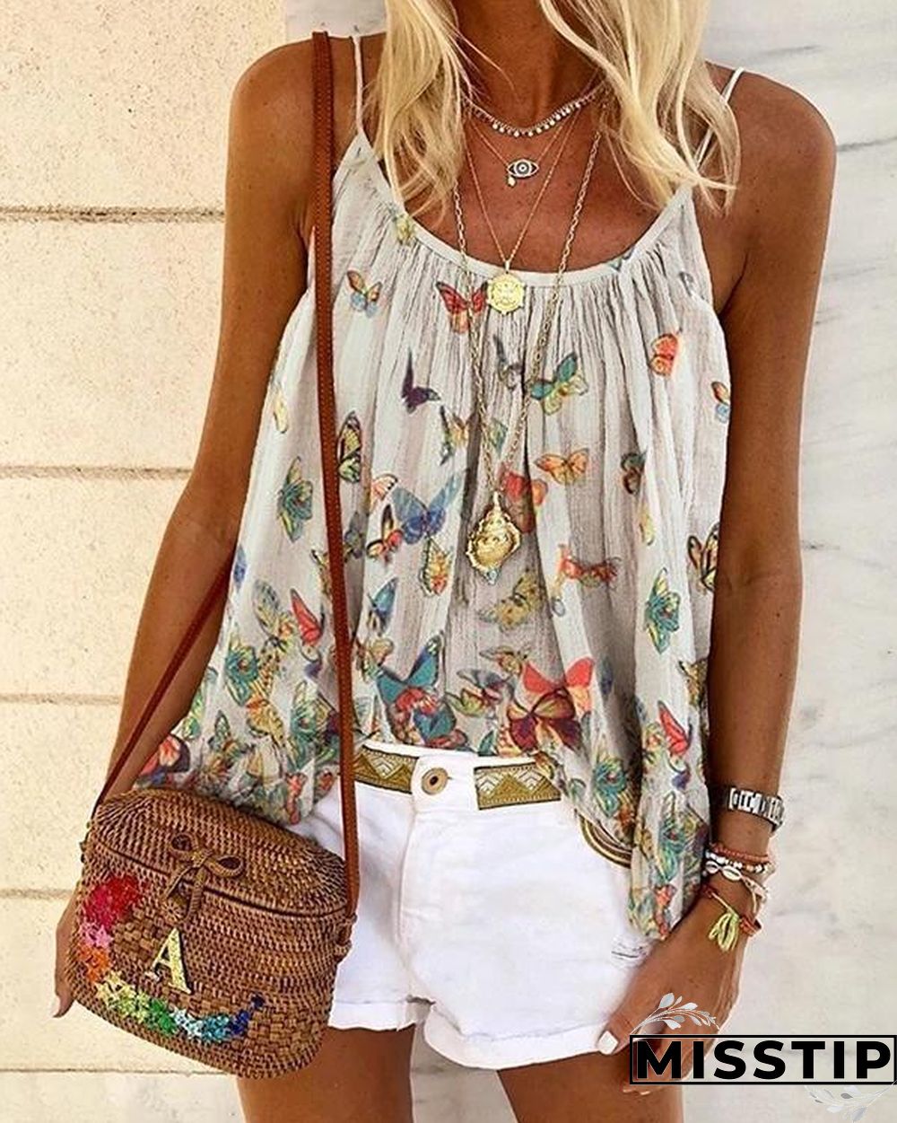 Butterfly Print Bohemia Crew Neck Plus Size Tank Tops