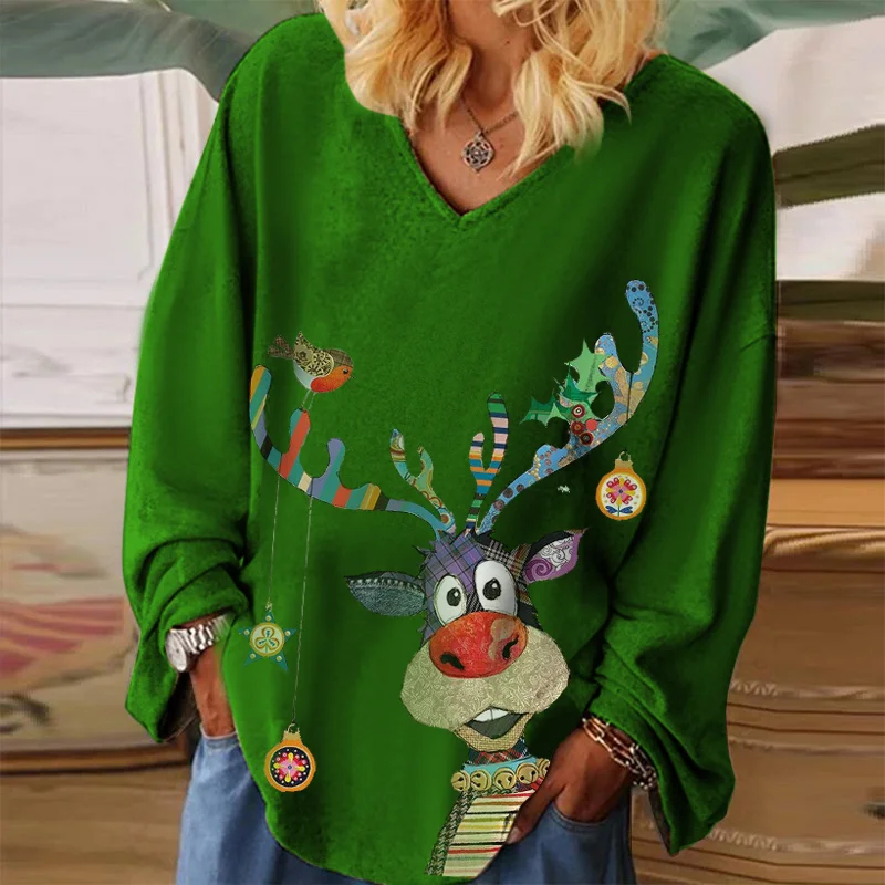 Lovely Cartoon Reindeer Print V-neck Long Sleeve Tee
