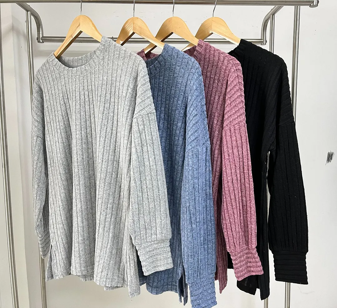 Churchf Churchf / Winter 2024 New Round Collar Pit Strip Solid Color Casual Long-Sleeved T-Shirt Top