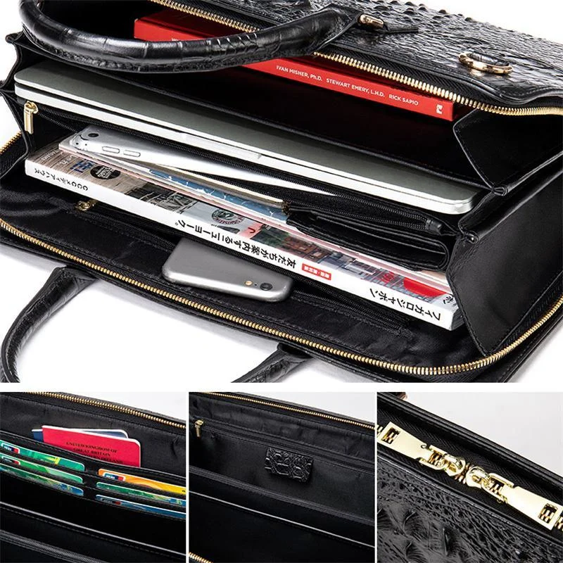 Vintage Genuine Leather Crocodile-Textured Style Top-Handled Business Bag