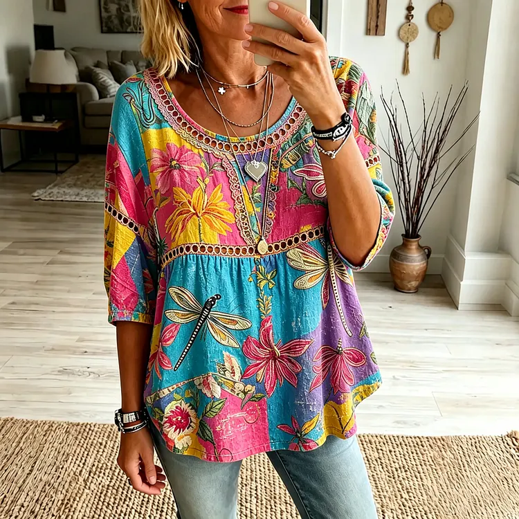 Women's Retro Floral And Dragonfly Hippie Vibes Art Print Flowy Linen Blend  Linen Tops