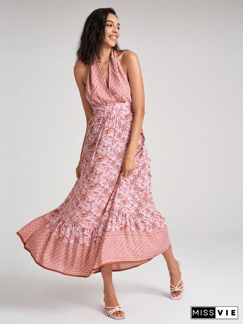 Bohemian Flower Self Tie Halter Open Back Bow Maxi Swing Dress