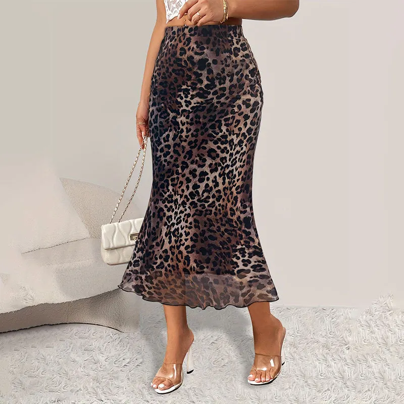 Women Leopard Print Mesh Mermaid Midi Skirt