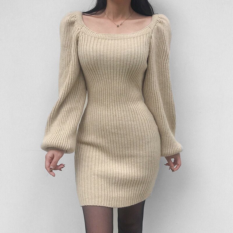 Forefair 2021 Autumn Winter Knitted Square Collar Puff Sleeve Sleeve Women Bodycon Mini Dress Female Fashion Party Sexy Clothing