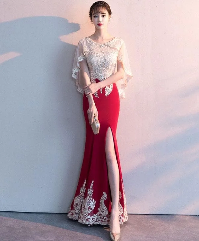 Burgundy Lace Mermaid Long Prom Dress Lace Formal Dress SP16773