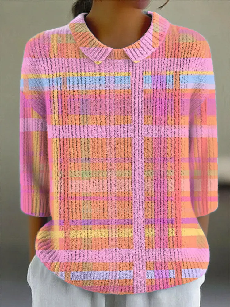 Women's Vintage Abstract Plaid Art Print  Casual Peter Pan Collar 3/4 Sleeve Sweater