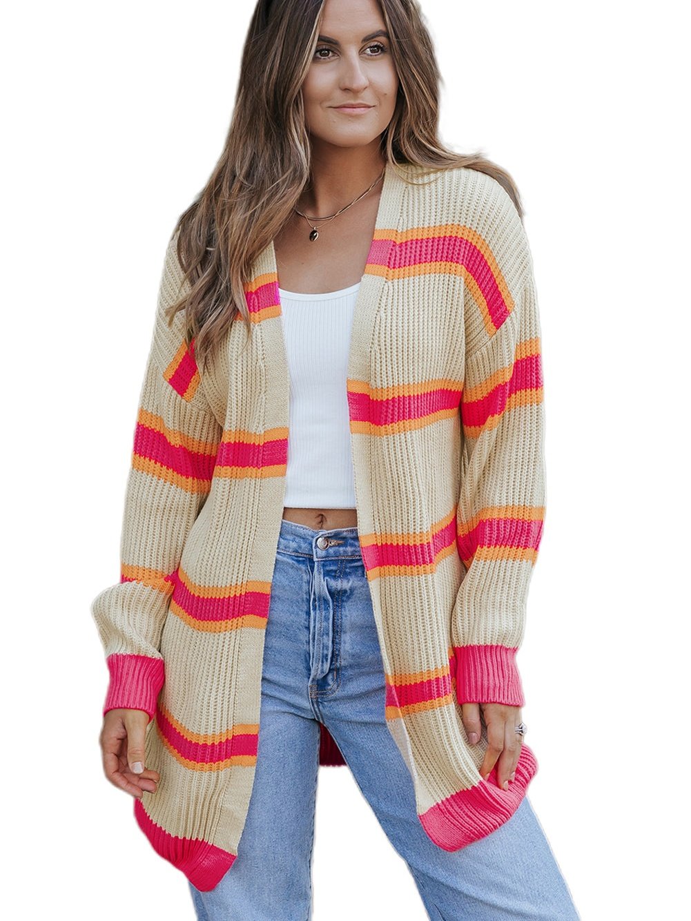 Ribbed Knit Long Cardigan with Striped Print