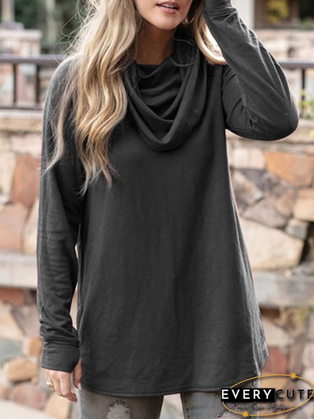 Women Plus Size Cowl Neck Vintage Long Sleeve Casual Tops