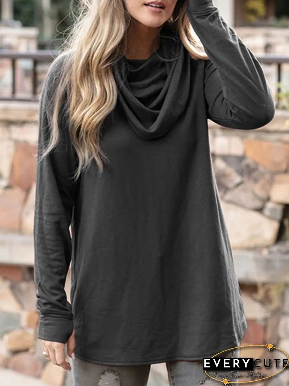 Women Plus Size Cowl Neck Vintage Long Sleeve Casual Tops