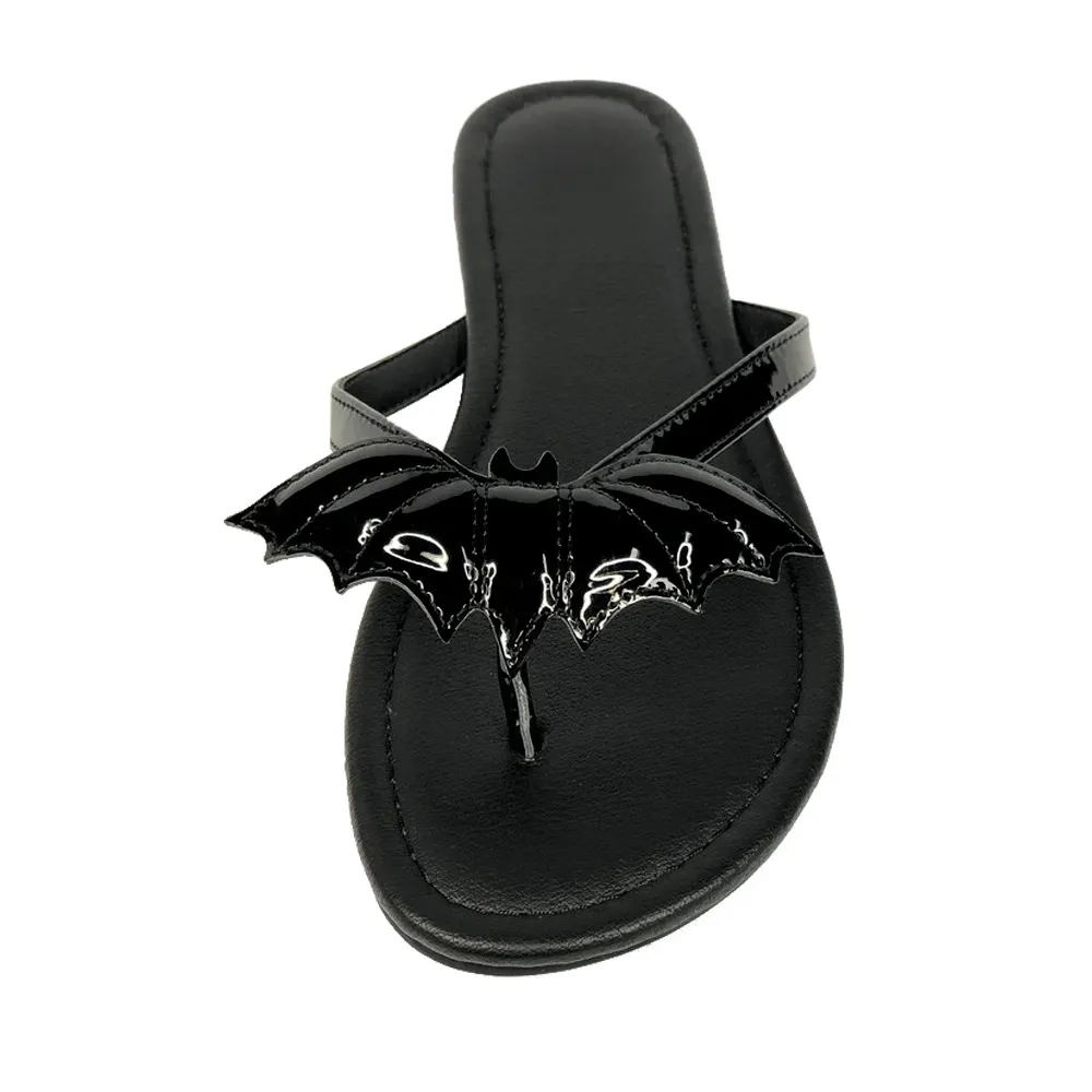 Black Patent Leather Round Toe Flip Flops Mules Sandals with Bat